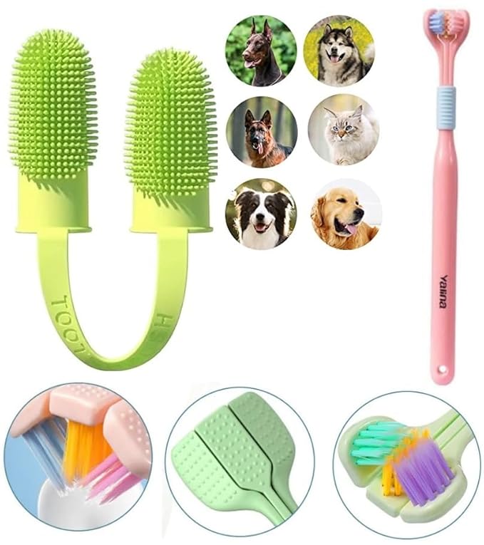 BWOGUE 3-Sided & Double Finger Dog Toothbrush