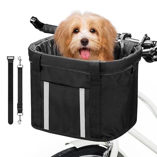 ANZOME Dogs Carrier Bike Basket, Handlebar Basket Folding Front Removable wiht Adjust Dog Seatbelts Bicycle Baset